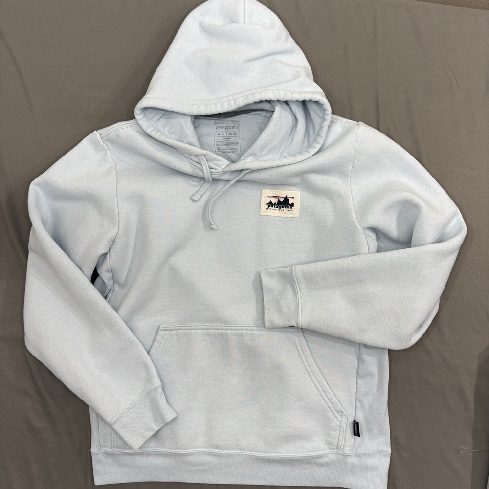 Patagonia Hoodie Mens Medium Women's Large Light Blue Fleece Pullover